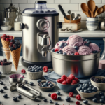 Close-up of fresh homemade berry ice cream in a scoop beside assorted berries on a modern kitchen counter.