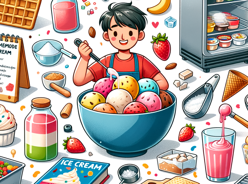 Child happily making ice cream with colorful ingredients and kitchen tools in a bright, playful kitchen setting.