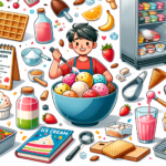Child happily making ice cream with colorful ingredients and kitchen tools in a bright, playful kitchen setting.
