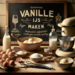 Vintage kitchen scene with ingredients and tools for making creamy homemade vanilla ice cream.